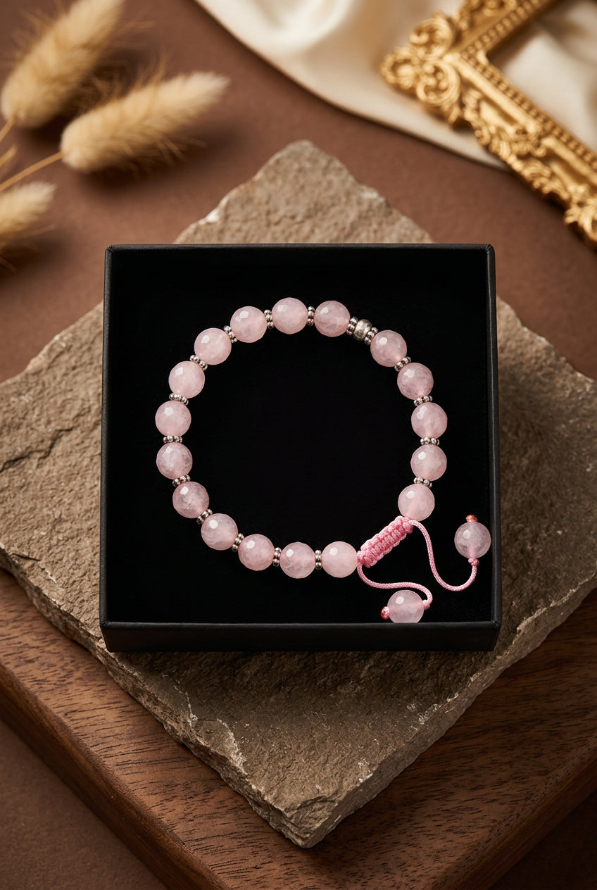 Natural Rose Quartz Faceted Bracelet | German Silver Chakri | 10mm Adjustable Gemstone Bracelet