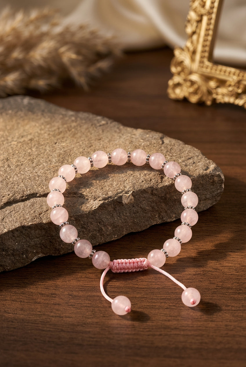 Natural Rose Quartz Faceted Bracelet | German Silver Chakri | 10mm Adjustable Gemstone Bracelet