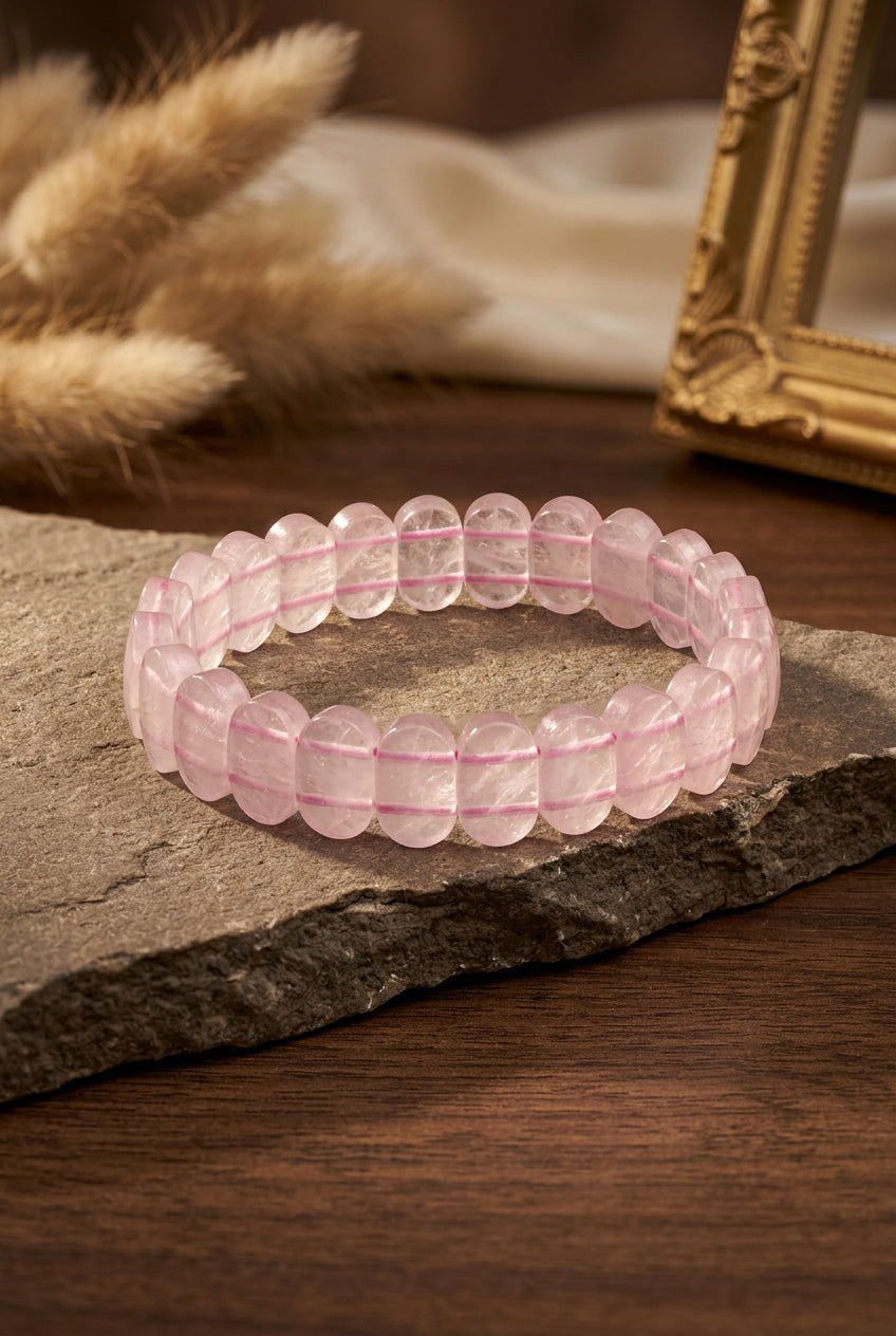 Natural Rose Quartz Faceted Flat Oval Beads Elastic Bracelet - ManiMonk
