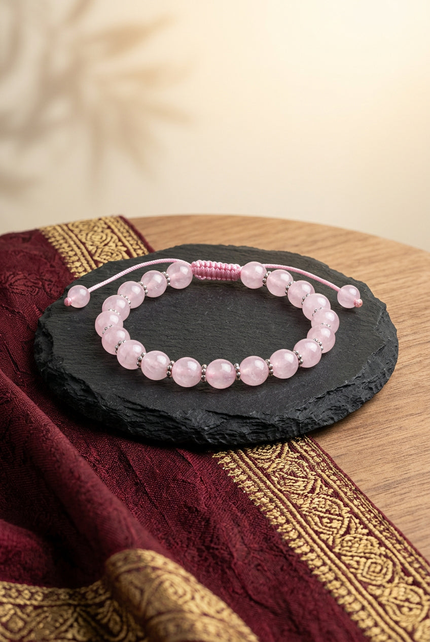 Natural Rose Quartz Faceted Bracelet | German Silver Chakri | 10mm Adjustable Gemstone Bracelet - ManiMonk