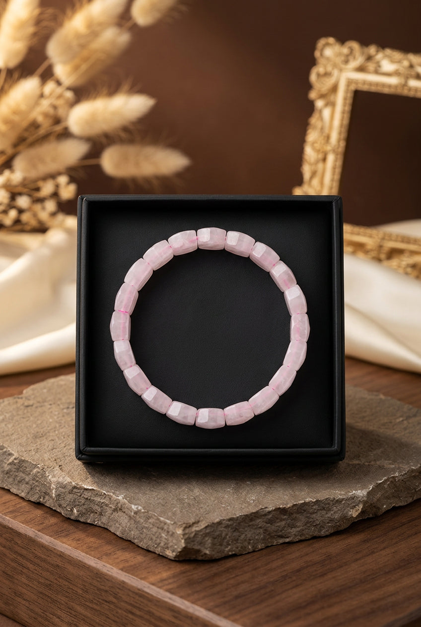 Natural Rose Quartz Faceted Rhombus Beads Bracelet | Healing & Meditation Gemstone