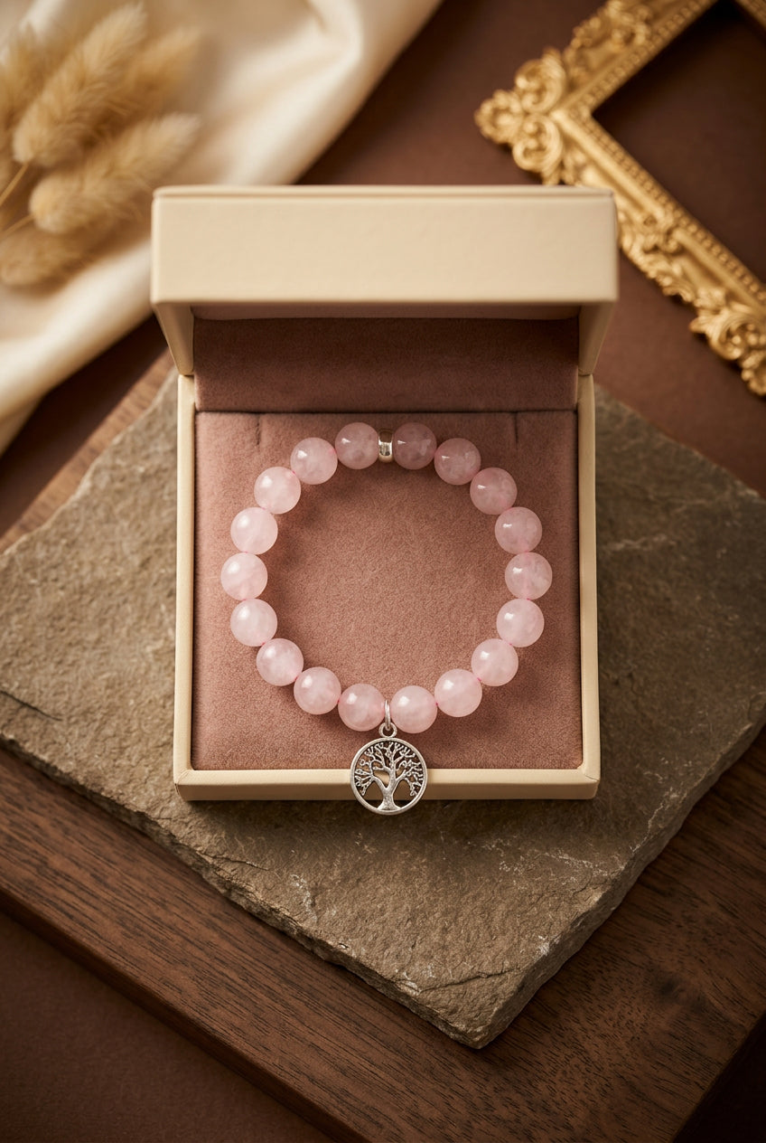 Natural Rose Quartz Tree of Life Bracelet | 8 mm Gemstone Bracelet for Healing & Meditation