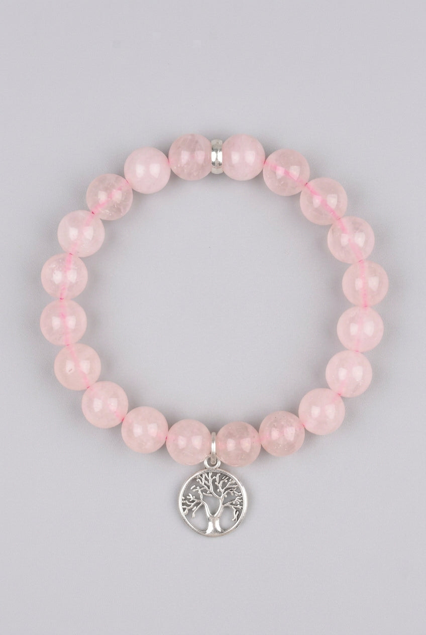 Natural Rose Quartz Tree of Life Bracelet | 8 mm Gemstone Bracelet for Healing & Meditation