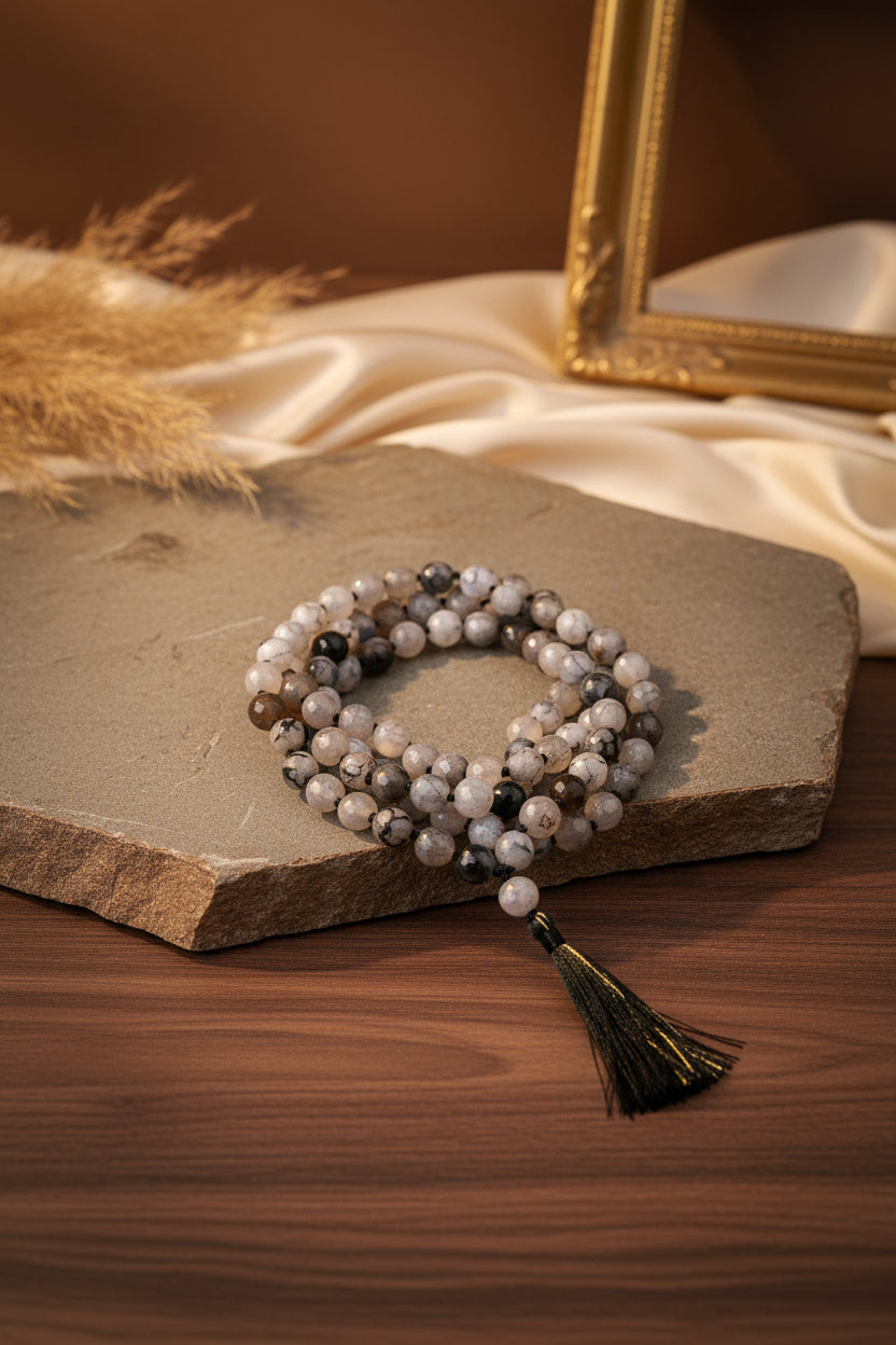 Natural Smoky Quartz Agate Faceted Mala | Gemstone Prayer Beads