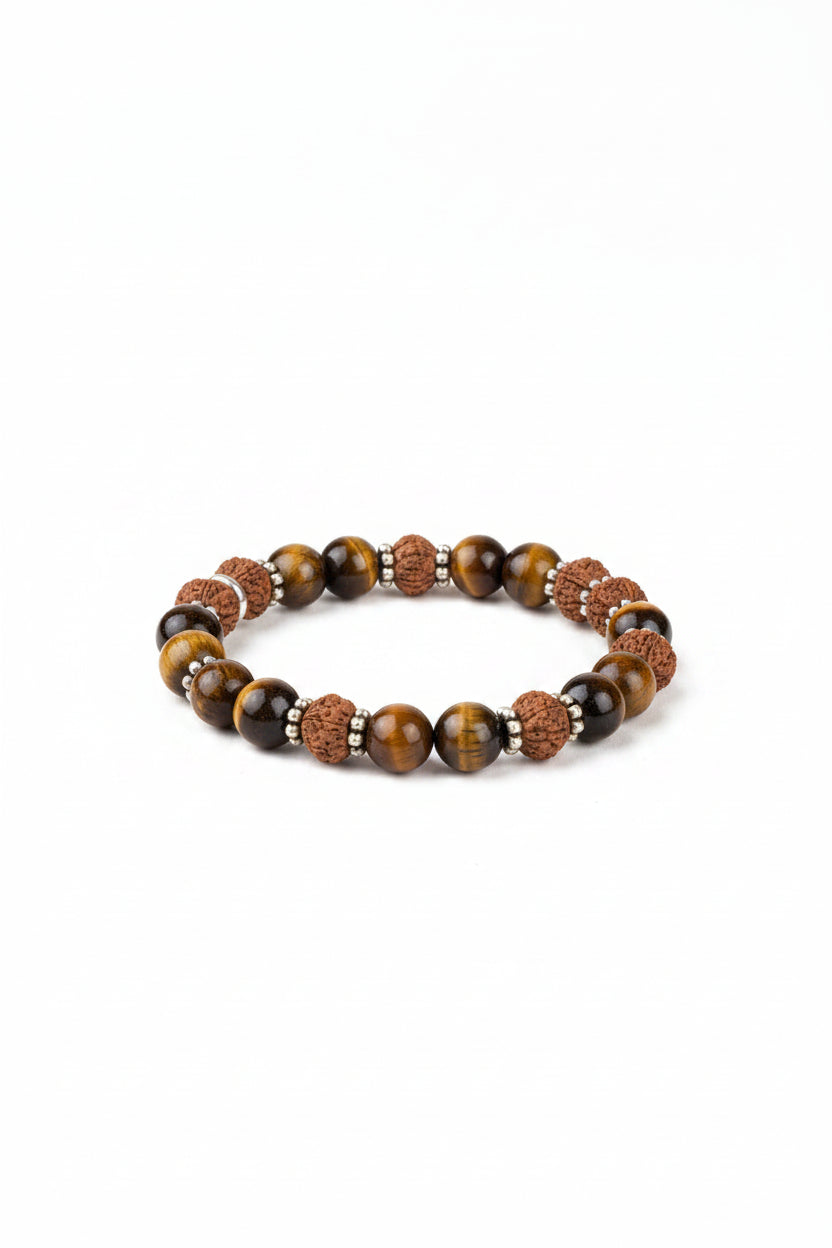 Natural Tiger Eye & 8 Mukhi Rudraksha Bracelet | Silver Chakri, 10mm - ManiMonk