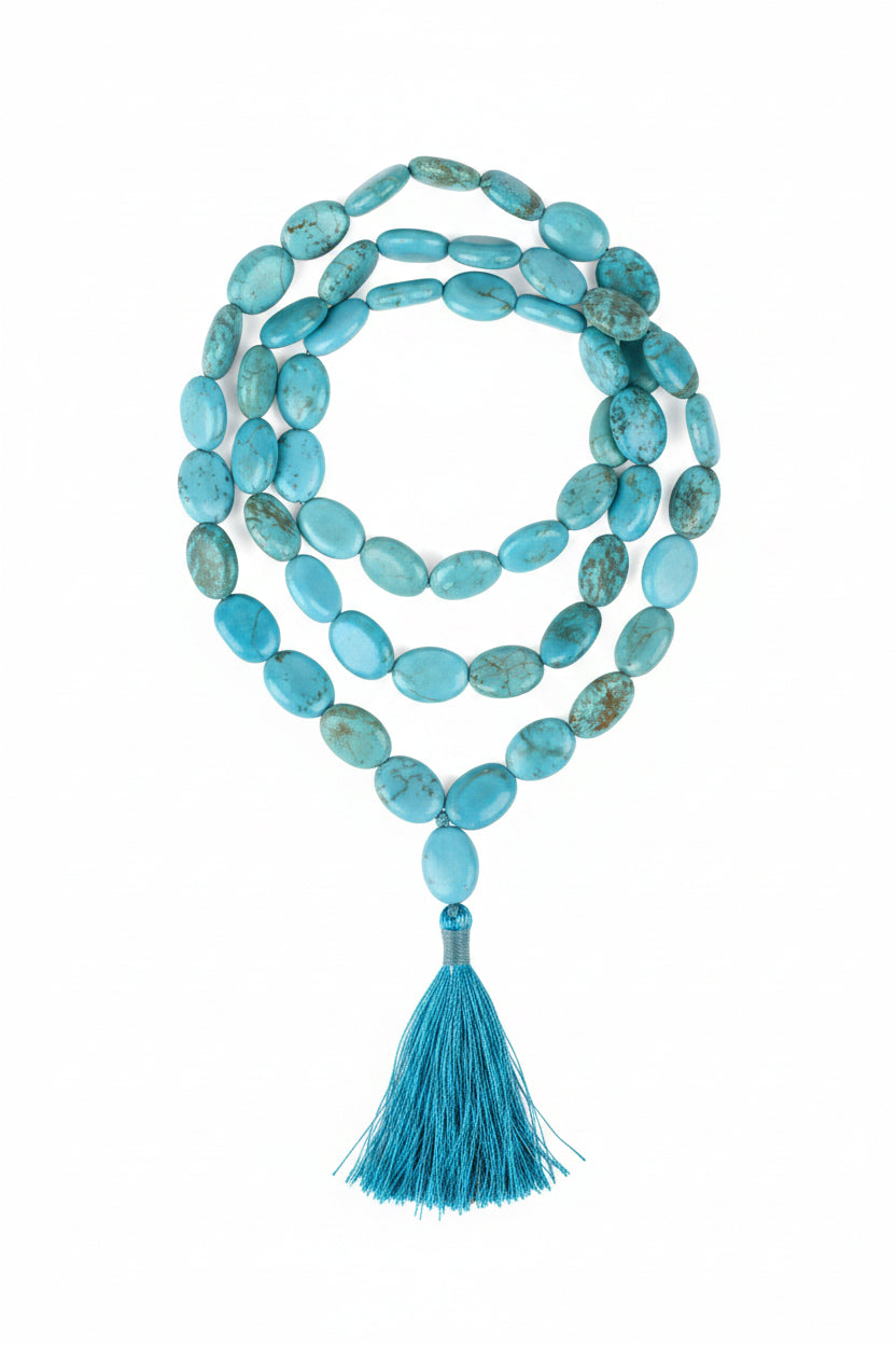 Natural Turquoise Firoza Flat Oval Beads Mala | Genuine Gemstone Mala - ManiMonk