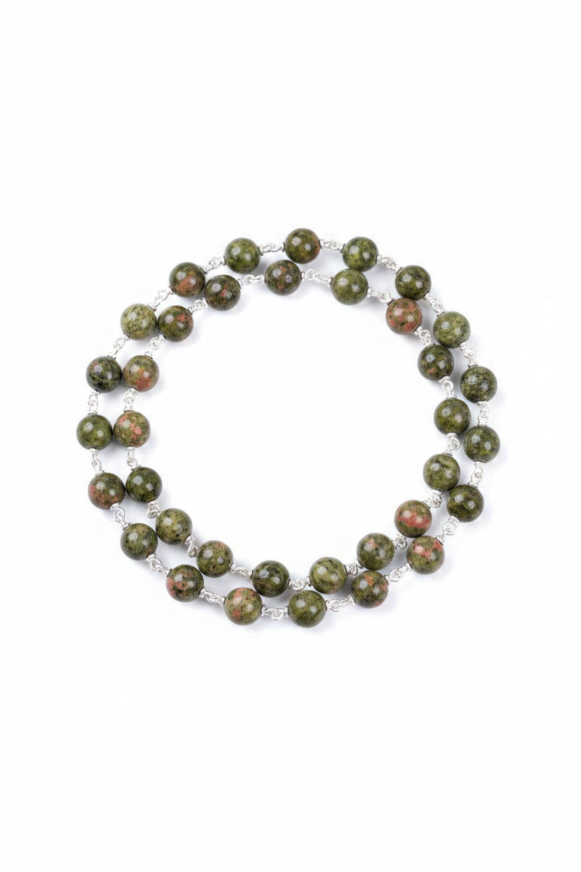 Natural Unakite 925 Sterling Silver Wire Wrapped Mala | 108 Beads Gemstone Mala - ManiMonk