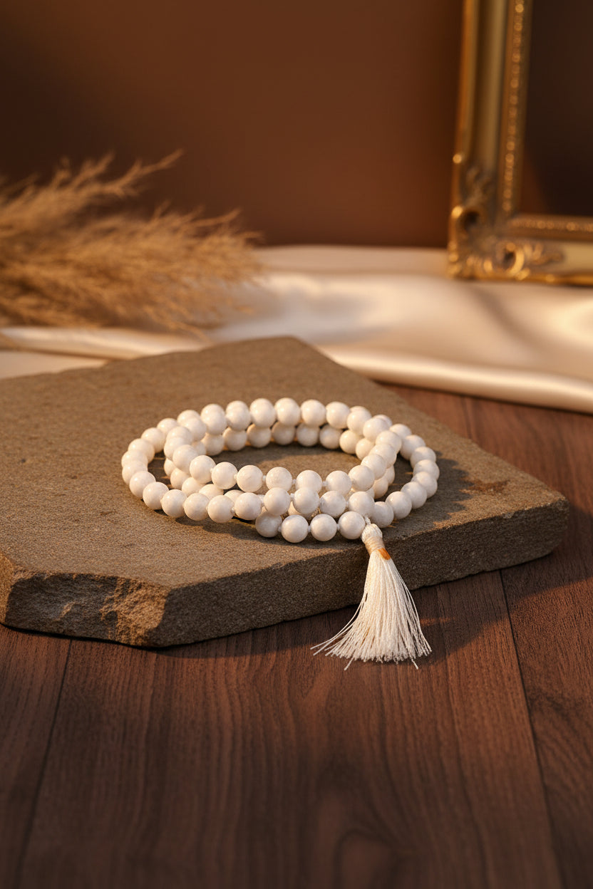 Natural White Agate Mala Gemstone - ManiMonk