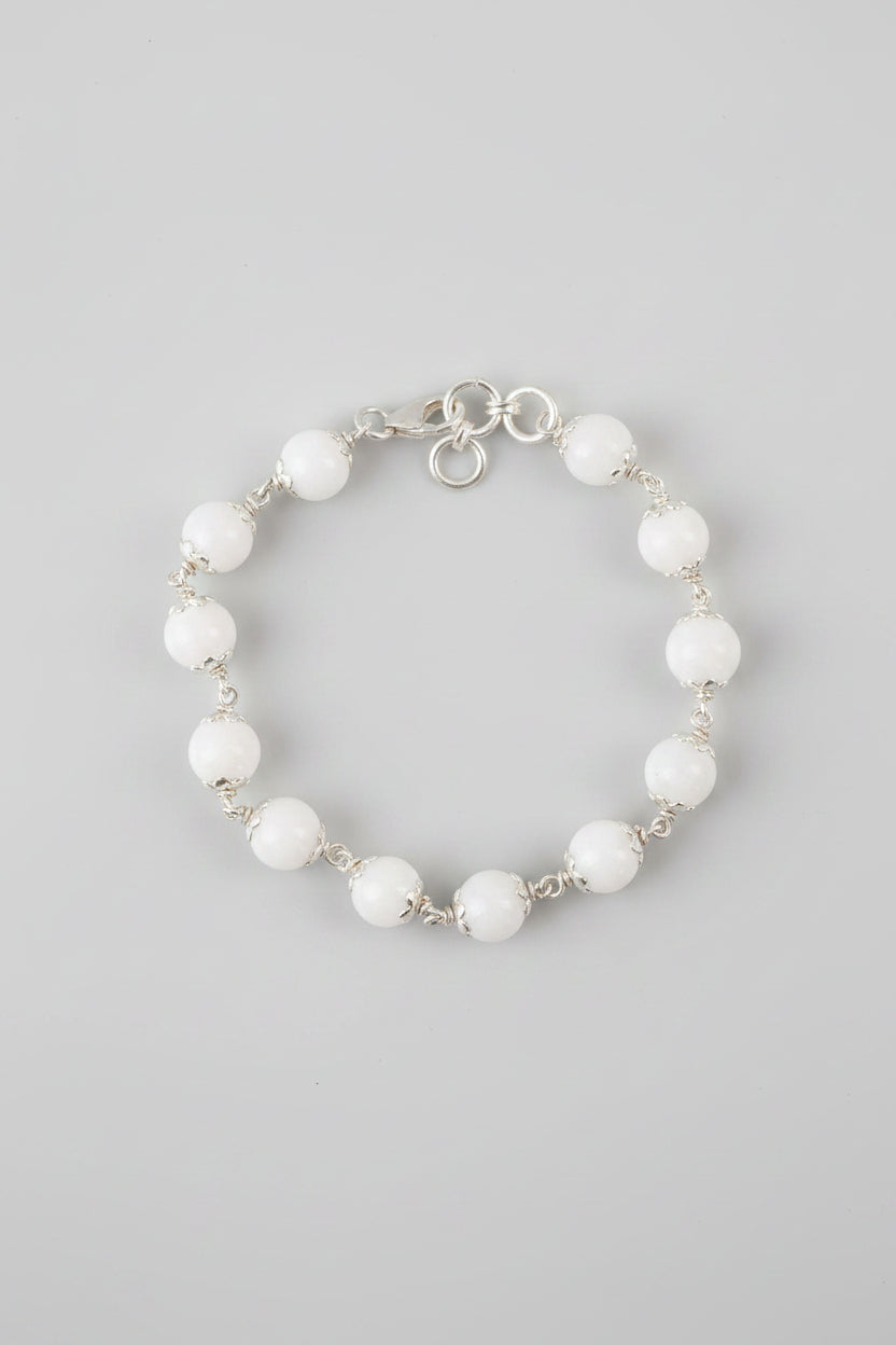 Natural White Agate Silver Flower Caps Bracelet | Healing & Meditation Gemstone Bracelet - ManiMonk