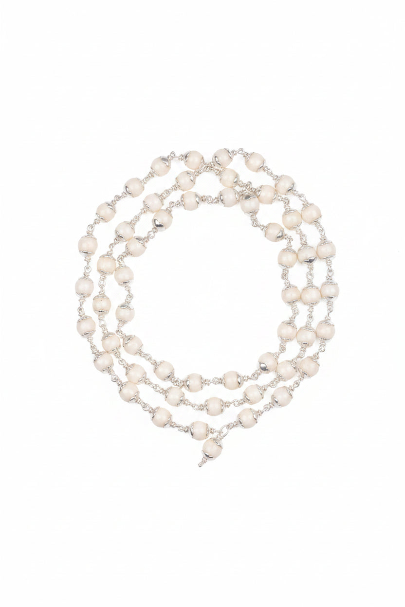 Natural White Coral 925 Silver Flower Caps Mala – 7mm Gemstone - ManiMonk