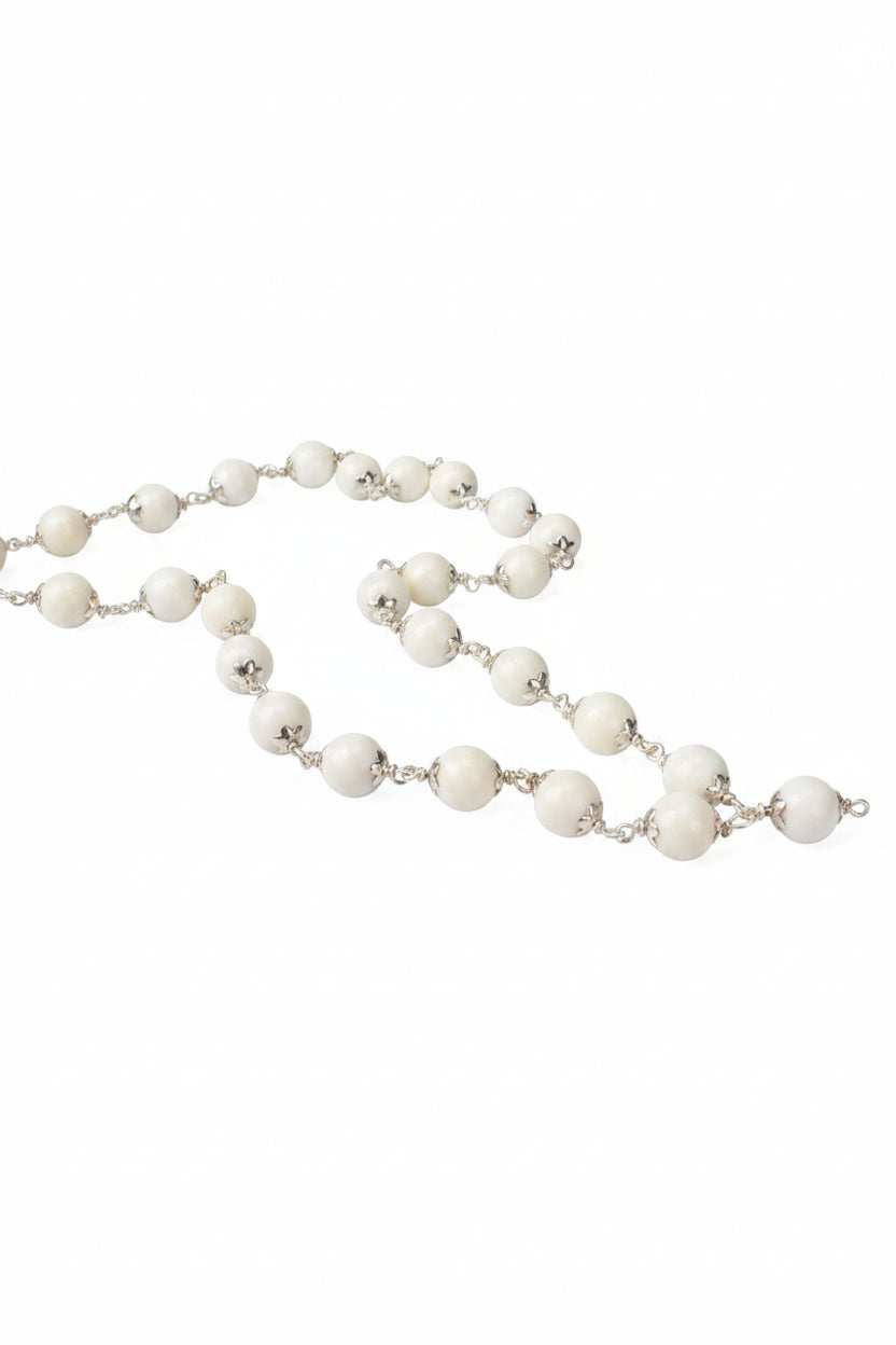 Natural White Coral Mala | Pure Silver Flower Caps | 9mm | 54+1 Beads - ManiMonk