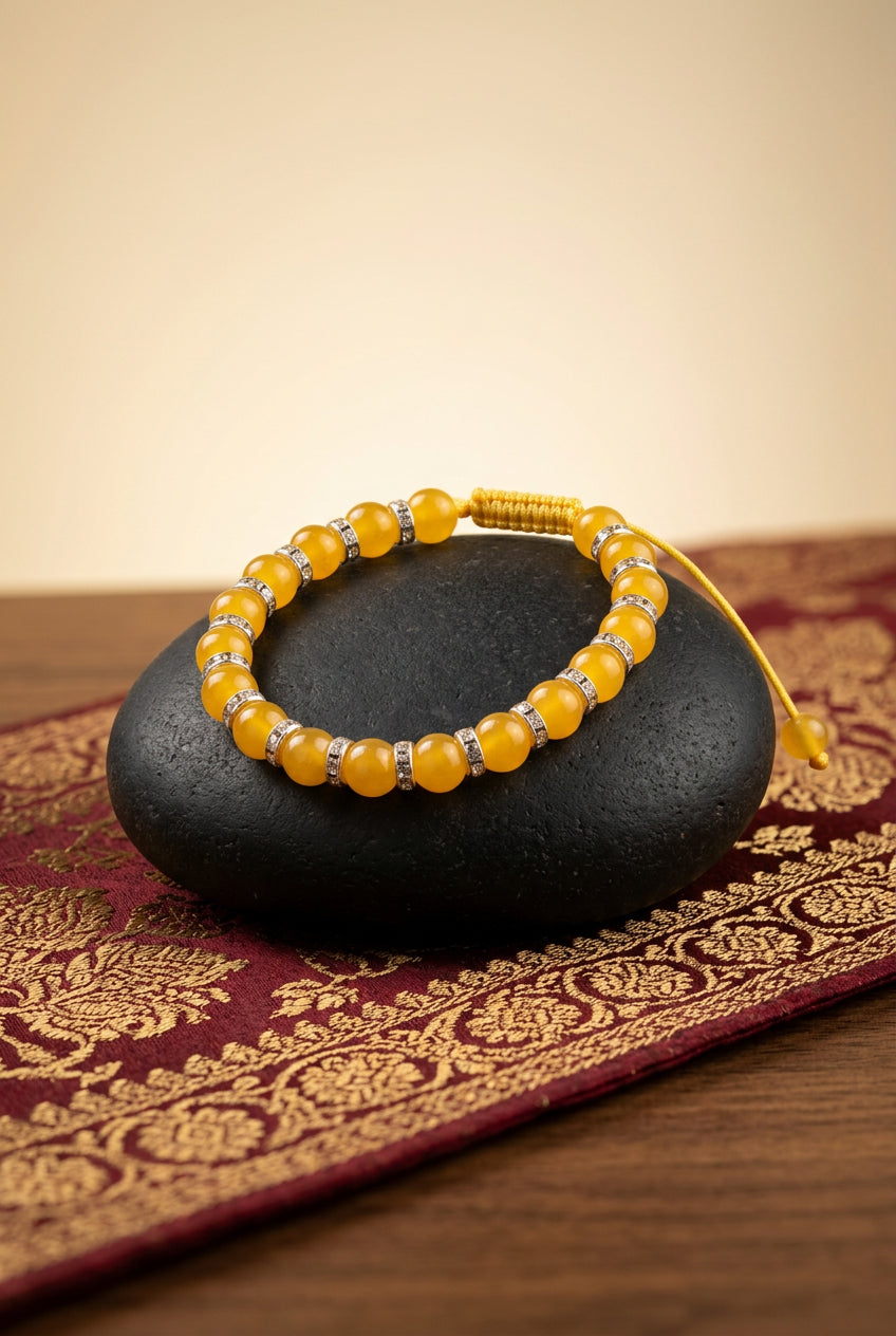 Natural Yellow Jade & German Silver Diamond Chakri Bracelet – 8mm Healing Gemstone Bracelet - ManiMonk