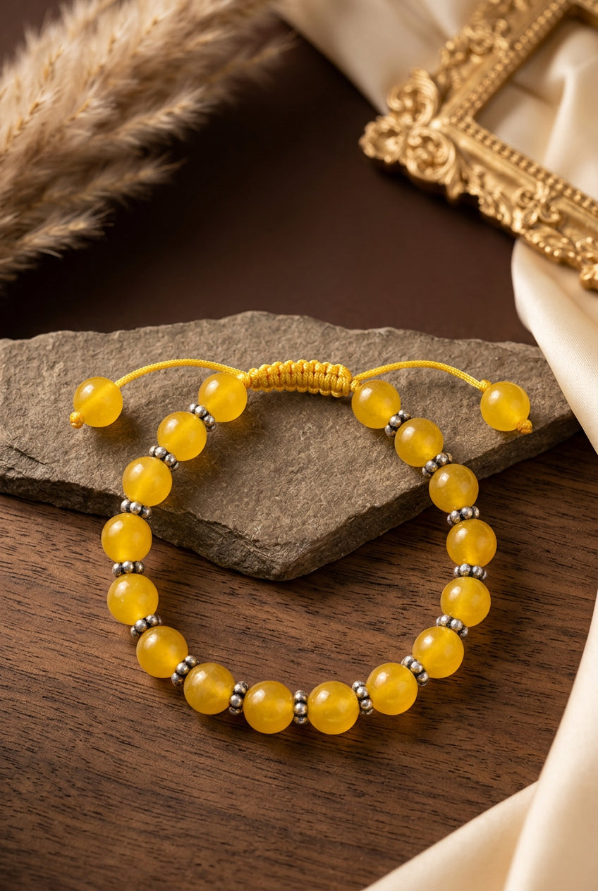 Natural Yellow Jade & German Silver Diamond Chakri Bracelet – 8 mm Healing Gemstone Bracelet