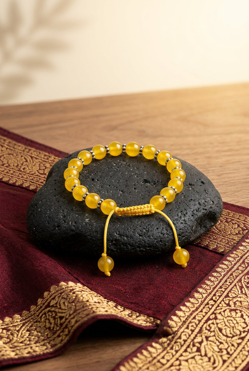 Natural Yellow Jade & German Silver Diamond Chakri Bracelet – 8 mm Healing Gemstone Bracelet