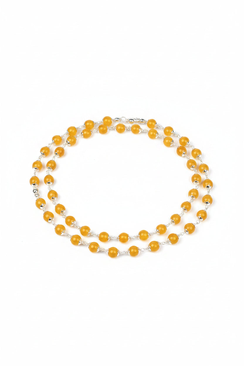 Natural Yellow Jade Mala | 8mm Silver Cap Beads | 72+1 Beads - ManiMonk