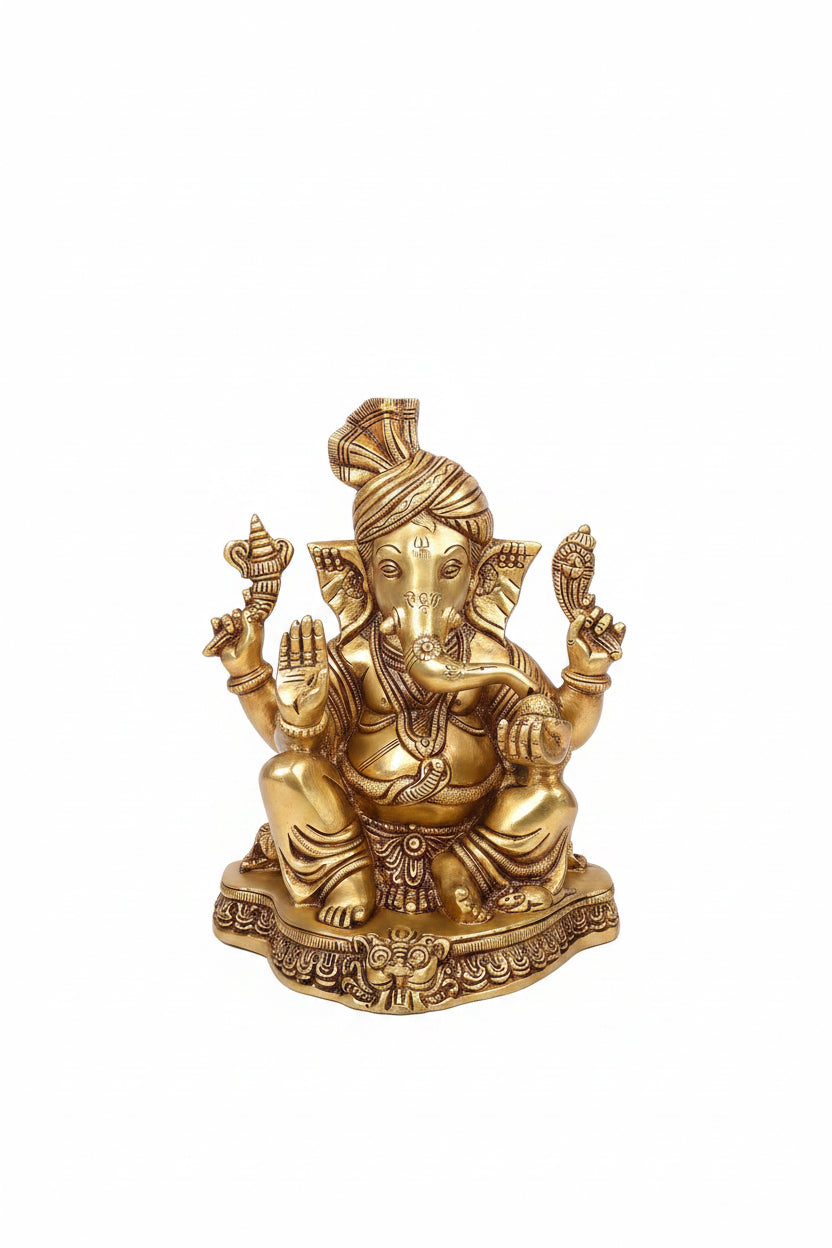 Pagdi Ganesh Brass Murti 8 Inch Handcrafted Maharashtrian Ganpati Idol for Home Temple Puja Room and Premium Gifting
