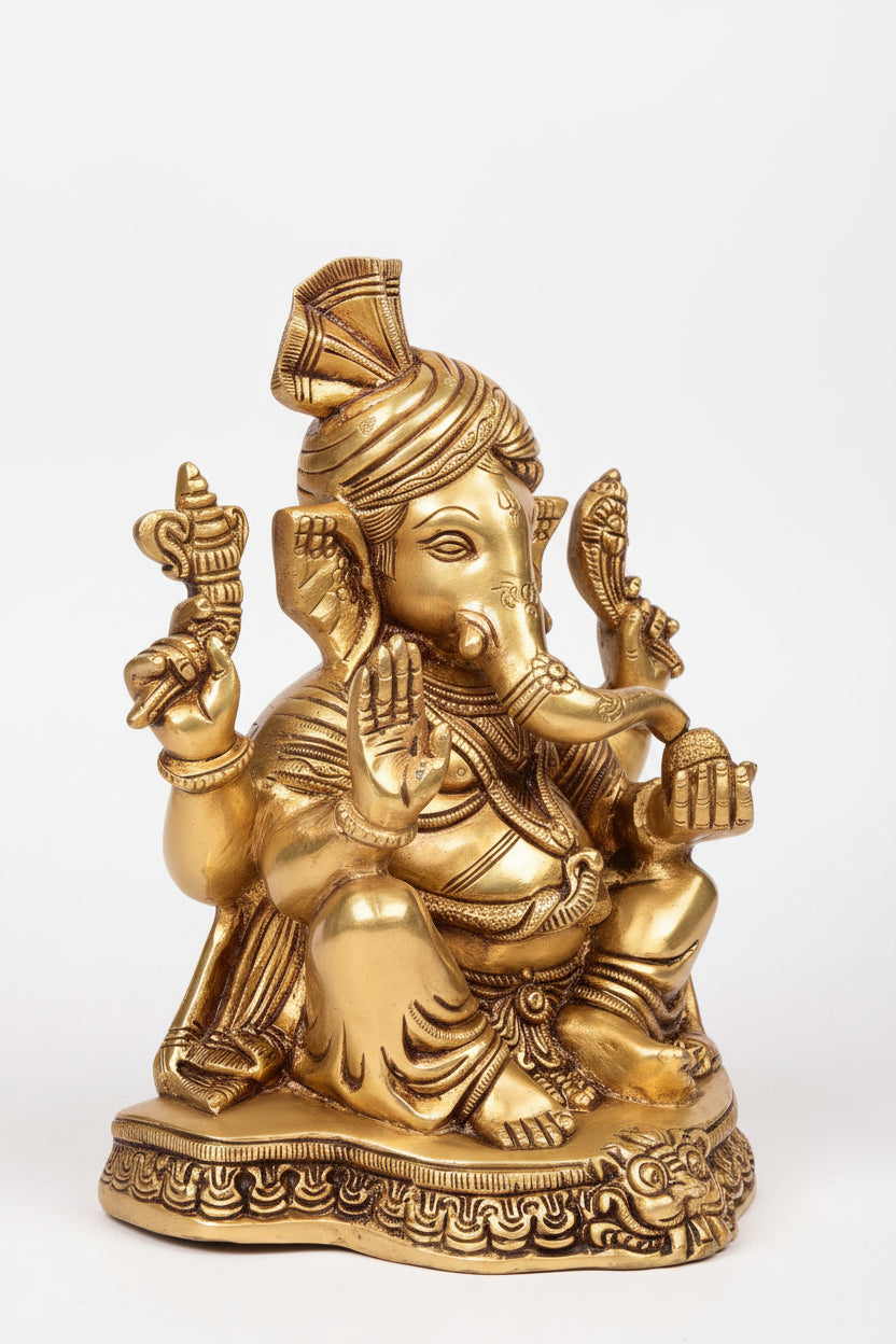 Pagdi Ganesh Brass Murti 8 Inch Handcrafted Maharashtrian Ganpati Idol for Home Temple Puja Room and Premium Gifting