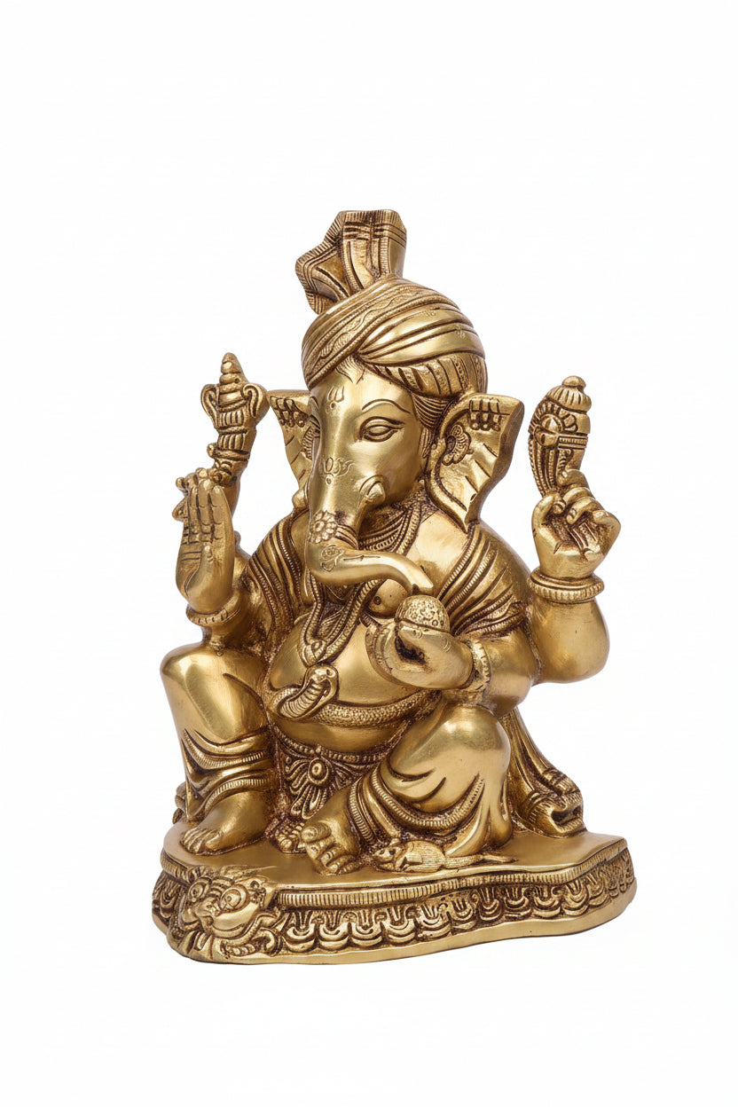 Pagdi Ganesh Brass Murti 8 Inch Handcrafted Maharashtrian Ganpati Idol for Home Temple Puja Room and Premium Gifting