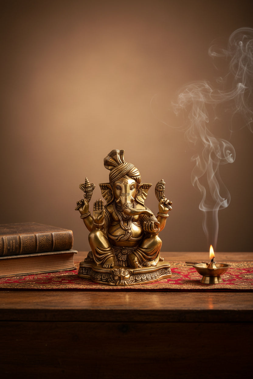 Pagdi Ganesh Brass Murti 8 Inch Handcrafted Maharashtrian Ganpati Idol for Home Temple Puja Room and Premium Gifting