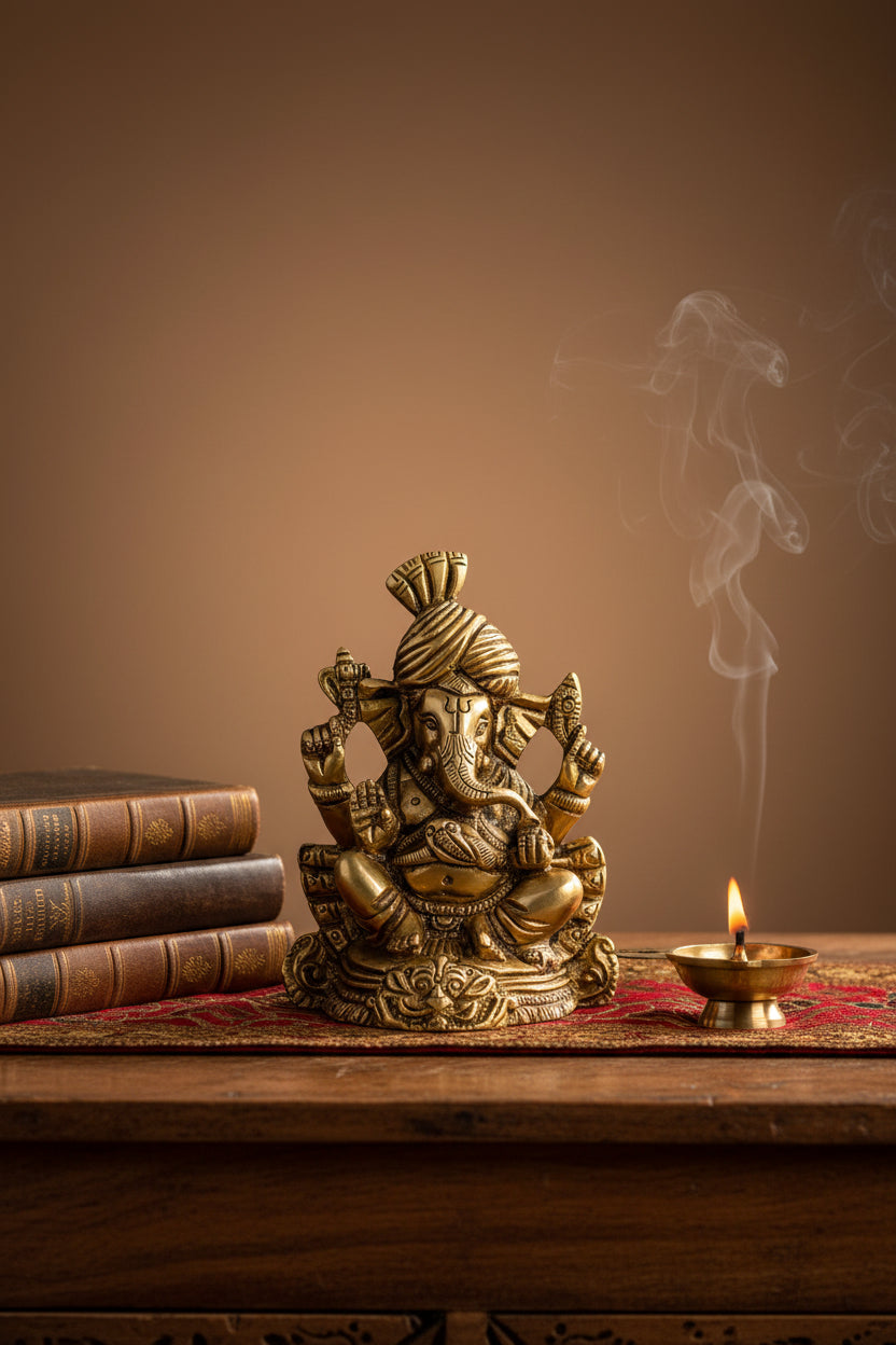 Pagdi Ganesh Prabhavalli Brass Murti Handcrafted 4.2 Inch Idol for Home Temple and Gifting