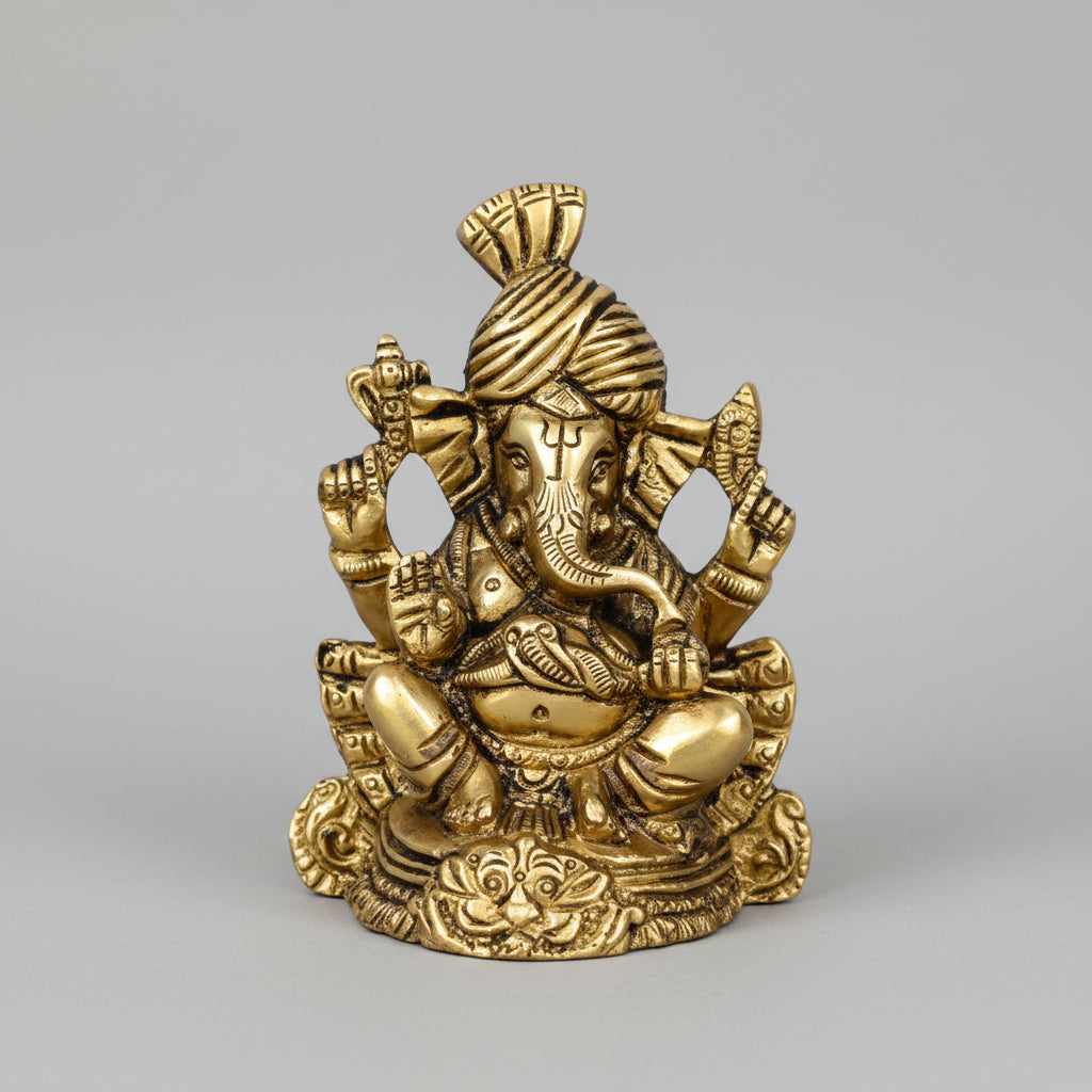 Pagdi Ganesh Prabhavalli Brass Murti Handcrafted 4.2 Inch Idol for Home Temple and Gifting