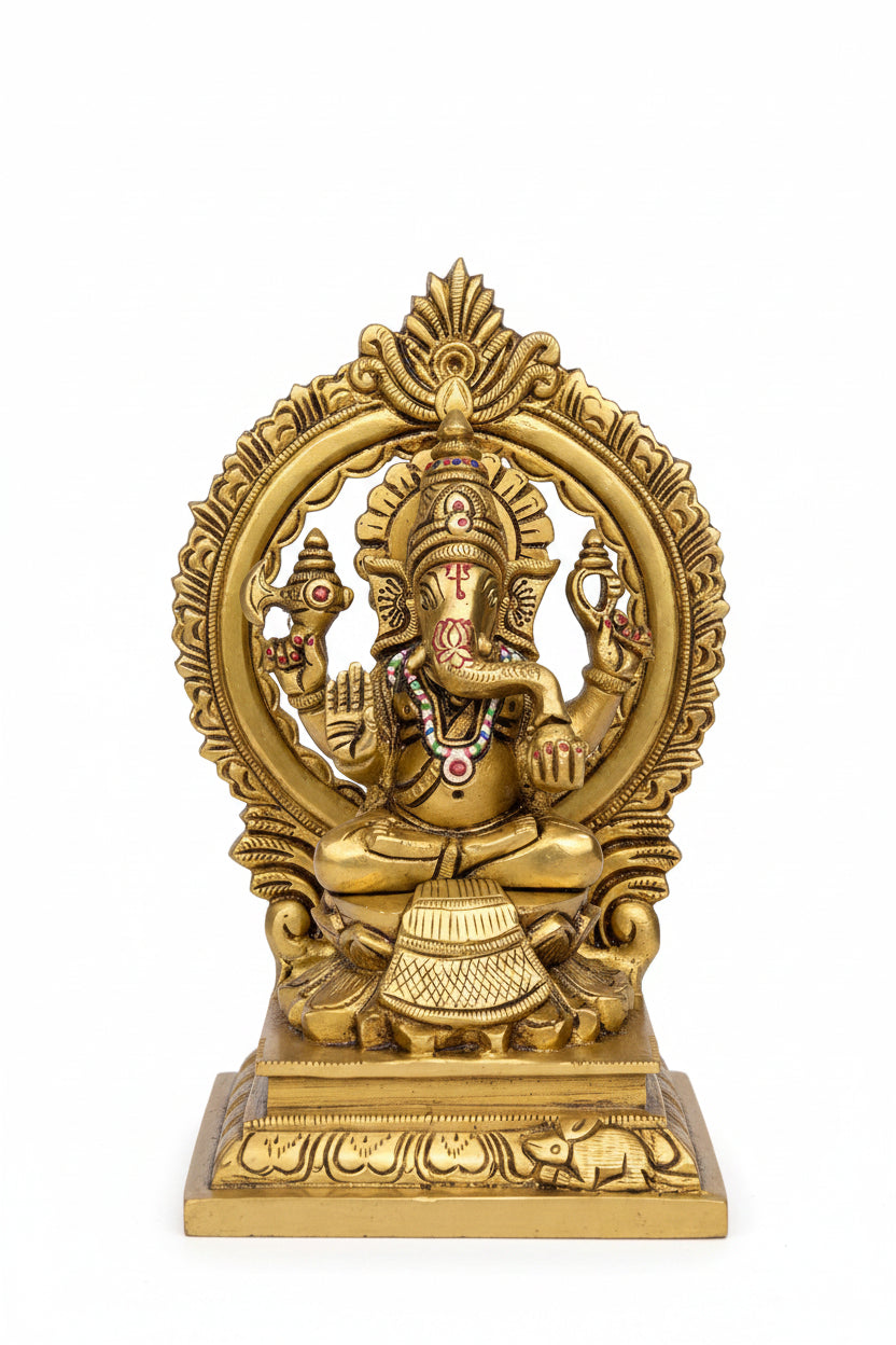 Painted Ganesh Laxmi on Lotus Pedestal with Arch Brass Idol Handcrafted Pure Brass Multicolour Puja Murti Set - ManiMonk