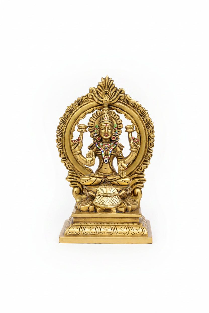 Painted Ganesh Laxmi on Lotus Pedestal with Arch Brass Idol Handcrafted Pure Brass Multicolour Puja Murti Set - ManiMonk