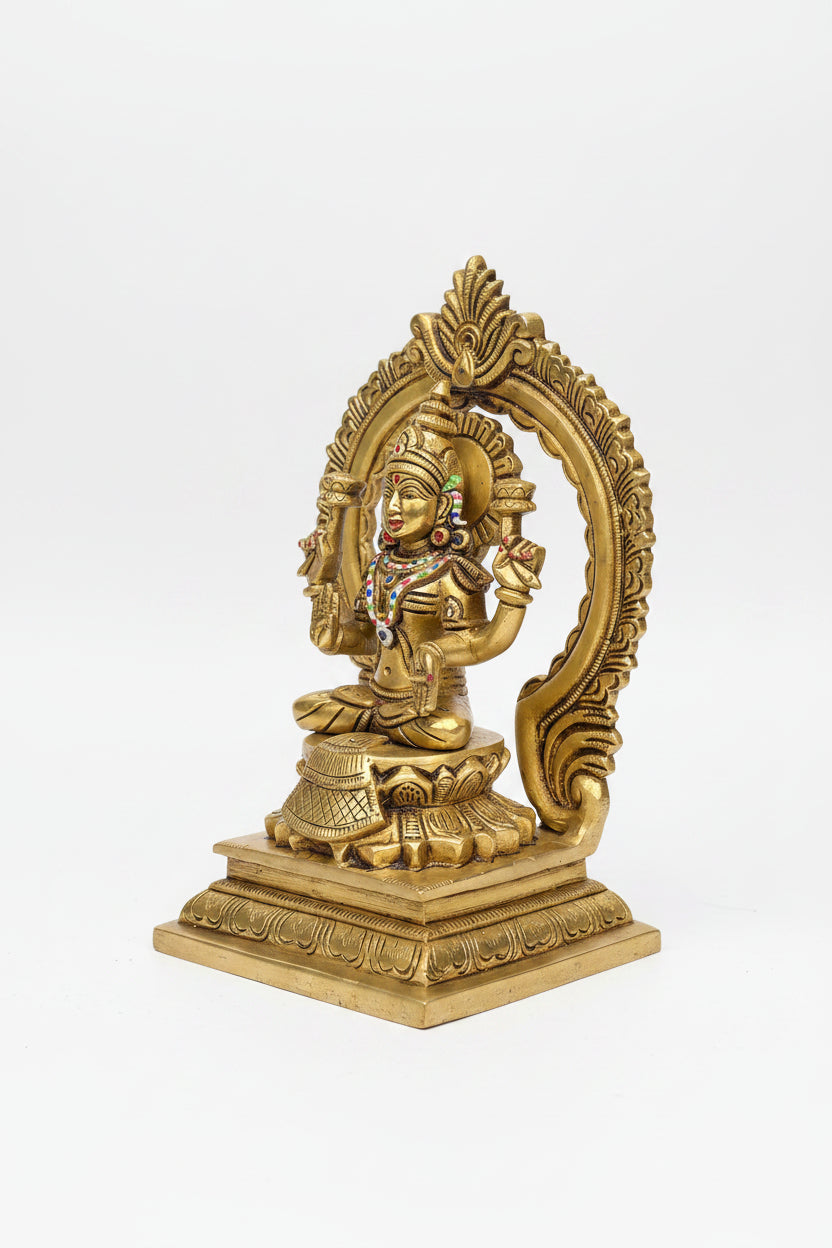 Painted Ganesh Laxmi on Lotus Pedestal with Arch Brass Idol Handcrafted Pure Brass Multicolour Puja Murti Set - ManiMonk