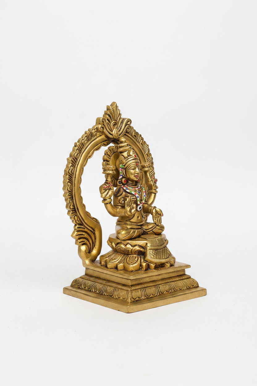 Painted Ganesh Laxmi on Lotus Pedestal with Arch Brass Idol Handcrafted Pure Brass Multicolour Puja Murti Set - ManiMonk