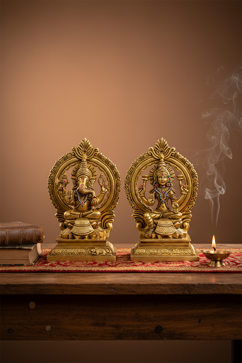 Painted Ganesh Laxmi on Lotus Pedestal with Arch Brass Idol Handcrafted Pure Brass Multicolour Puja Murti Set