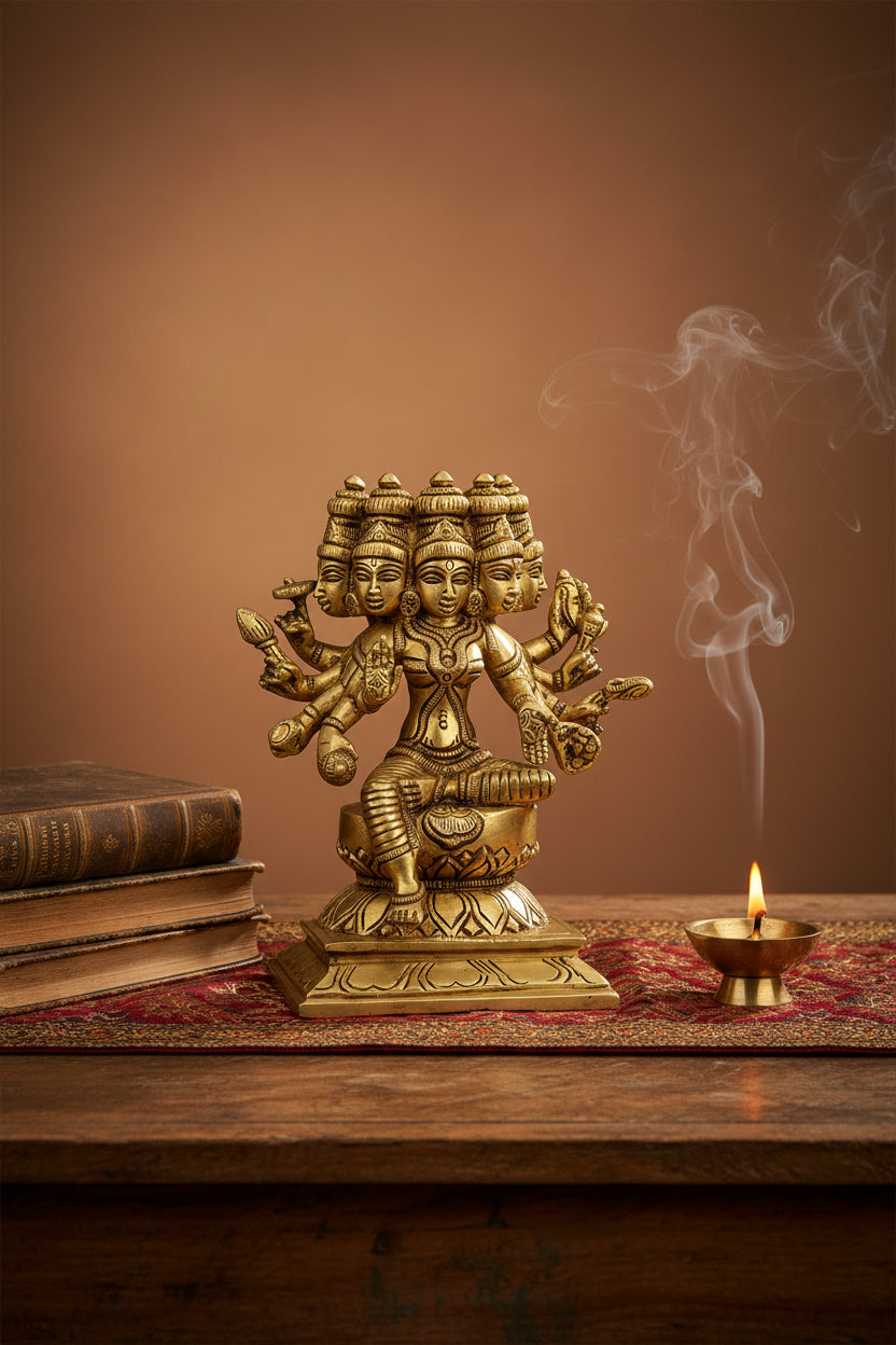 Panchmukhi Gayatri Brass Murti 5.7 Inch Premium Handcrafted Idol