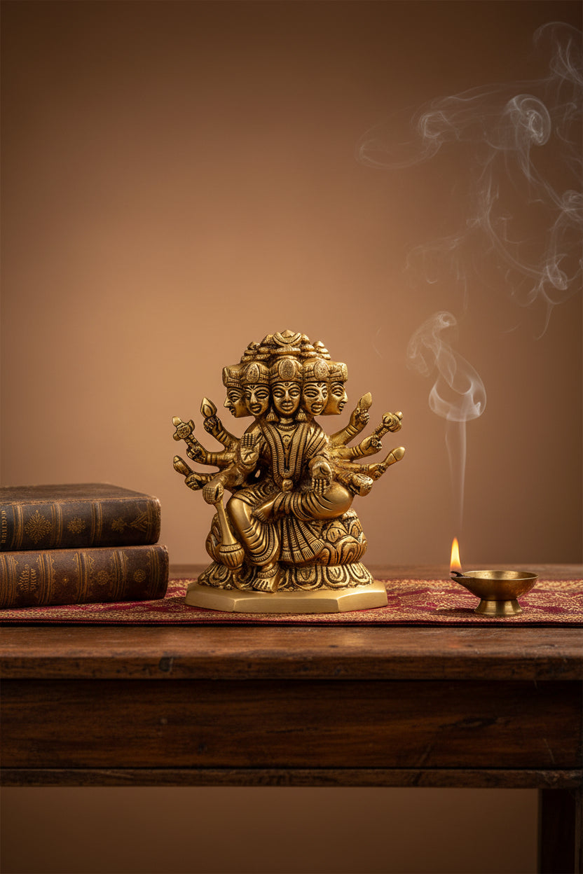 Panchmukhi Gayatri Devi Brass Idol 4.7 Inch Handcrafted Murti for Home Puja and Temple