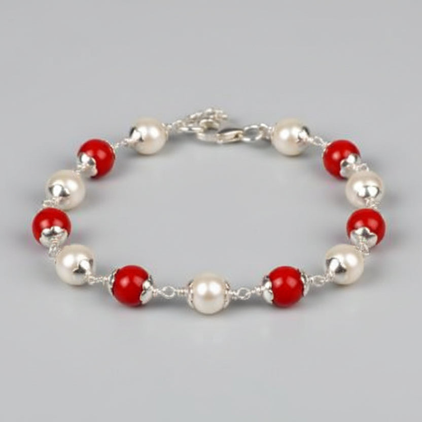 Pearl & Coral 925 Silver Flower Caps Bracelet