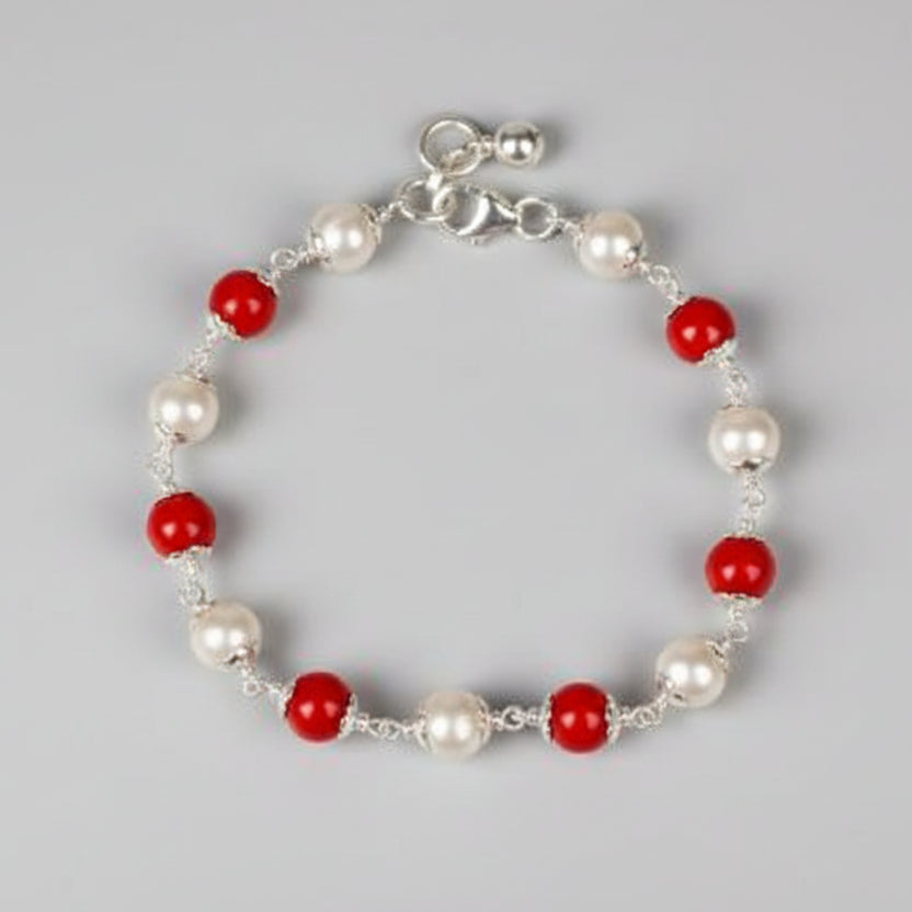 Pearl & Coral 925 Silver Flower Caps Bracelet