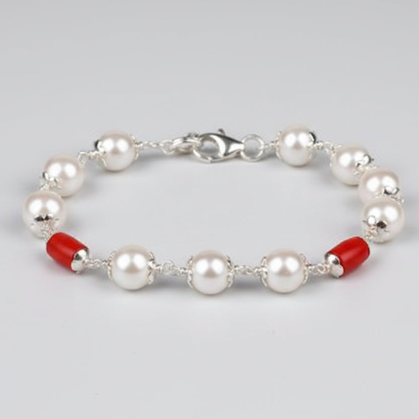 Pearl (Moti) & Drum Shaped Coral Beads 925 Silver Flower Caps Bracelet