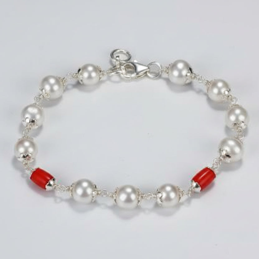 Pearl (Moti) & Drum Shaped Coral Beads 925 Silver Flower Caps Bracelet