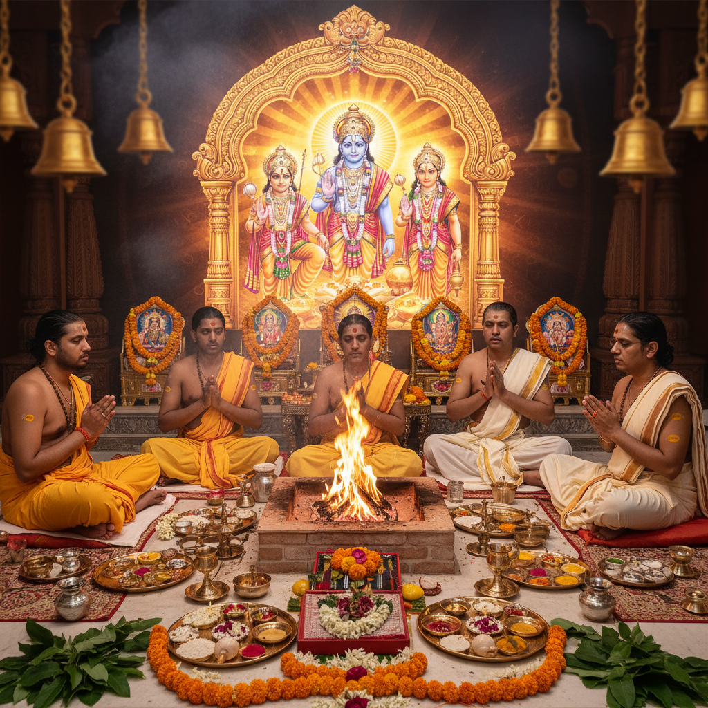 Pran Prathistha Puja, Square image of  Puja with specific Lord visuals glowing in the background, 4–6 pandits sitting and performing pooja around a havan kund, traditional setup, spiritual atmosphere, high-quality.