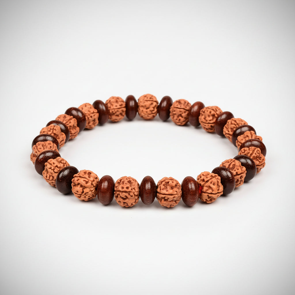 Premium 5 Mukhi Rudraksha x Elliptical Red Sandalwood Bracelet-10 mm