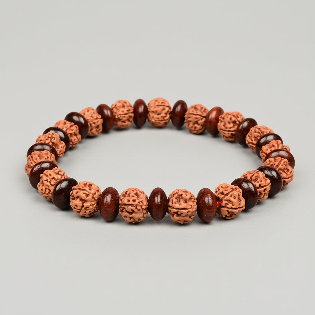 Premium 5 Mukhi Rudraksha x Elliptical Red Sandalwood Bracelet-12 mm