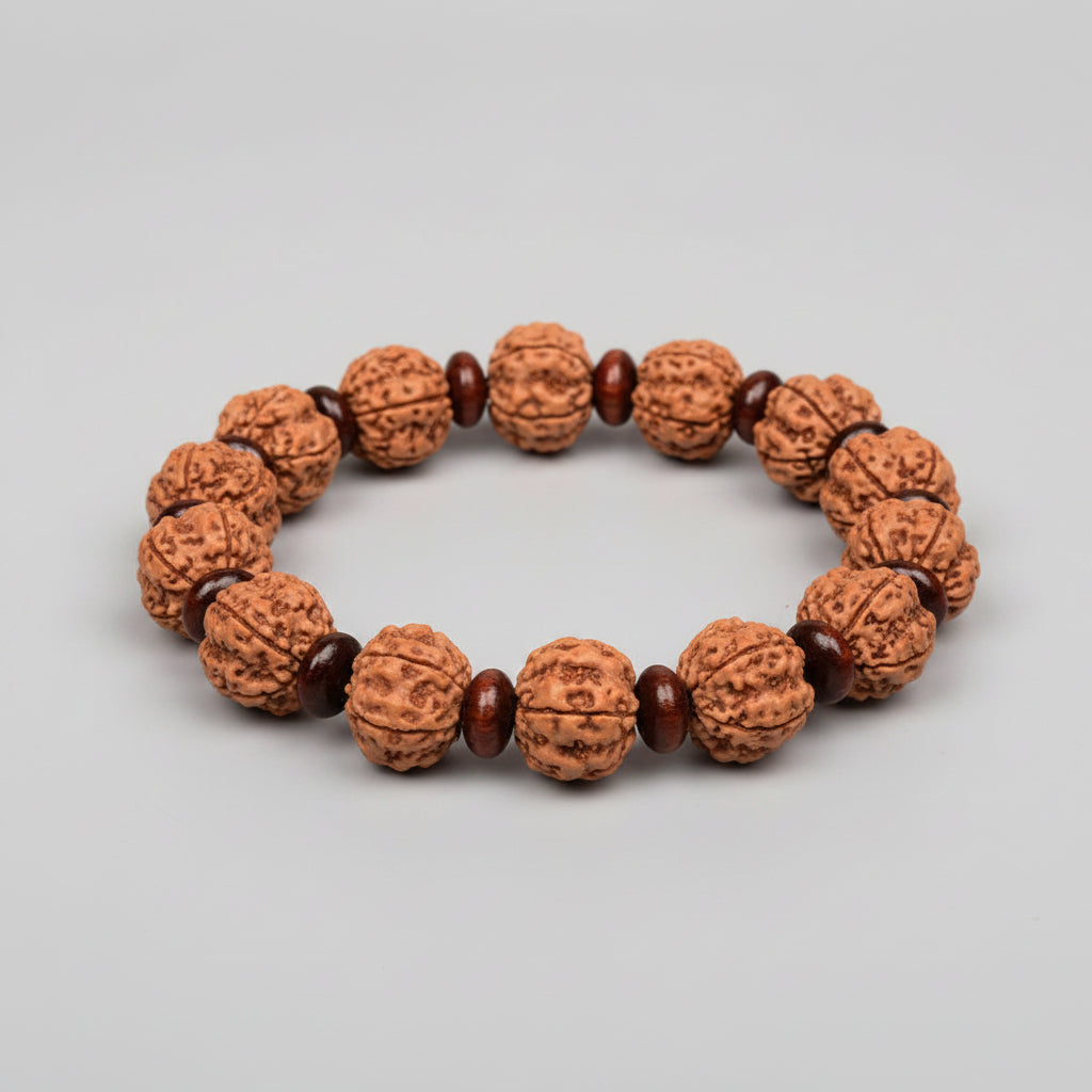 Premium 5 Mukhi Rudraksha x Elliptical Red Sandalwood Bracelet-12 mm