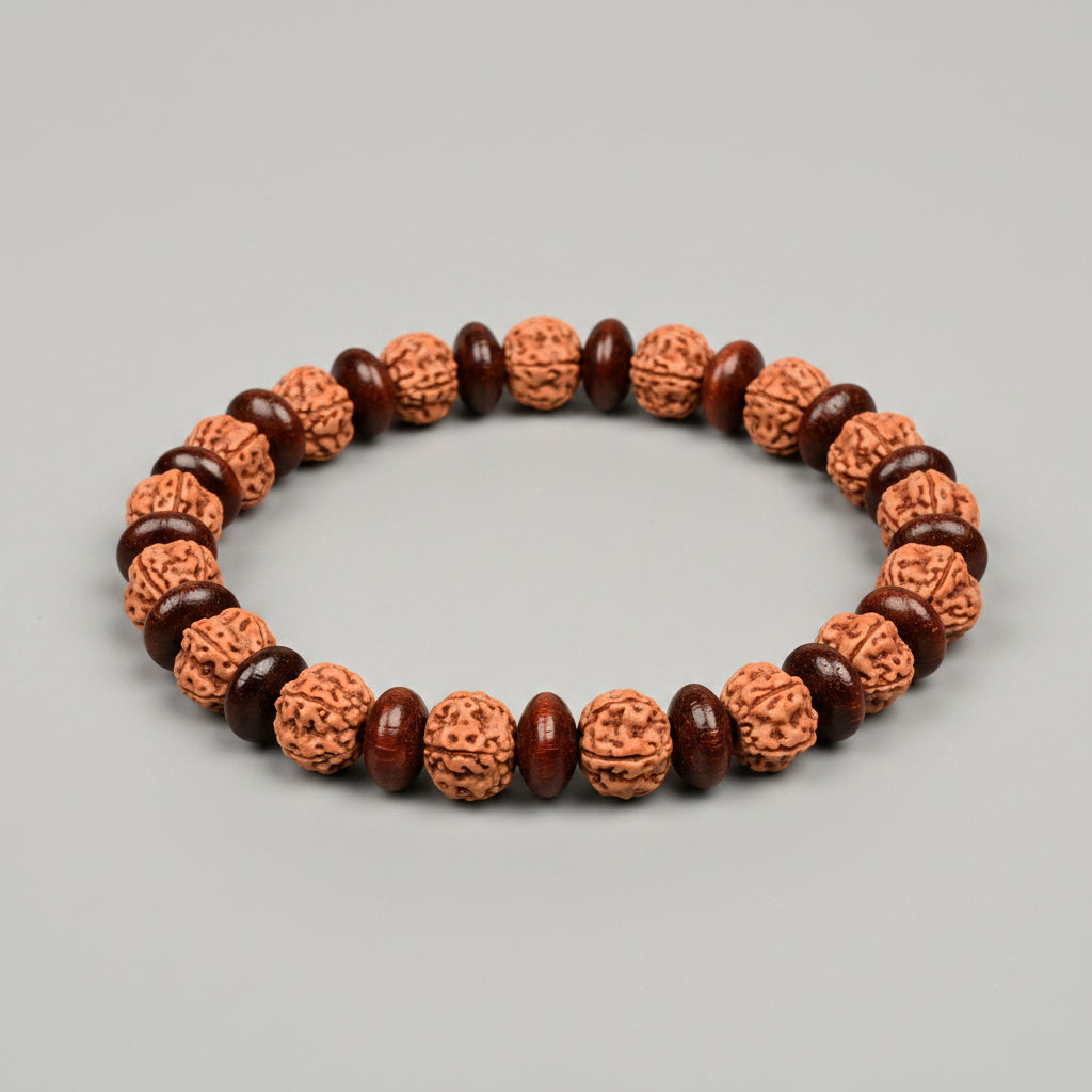 Premium 5 Mukhi Rudraksha x Elliptical Red Sandalwood Bracelet-14 mm