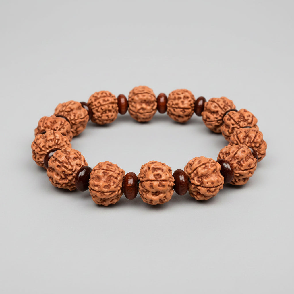 Premium 5 Mukhi Rudraksha x Elliptical Red Sandalwood Bracelet-14 mm