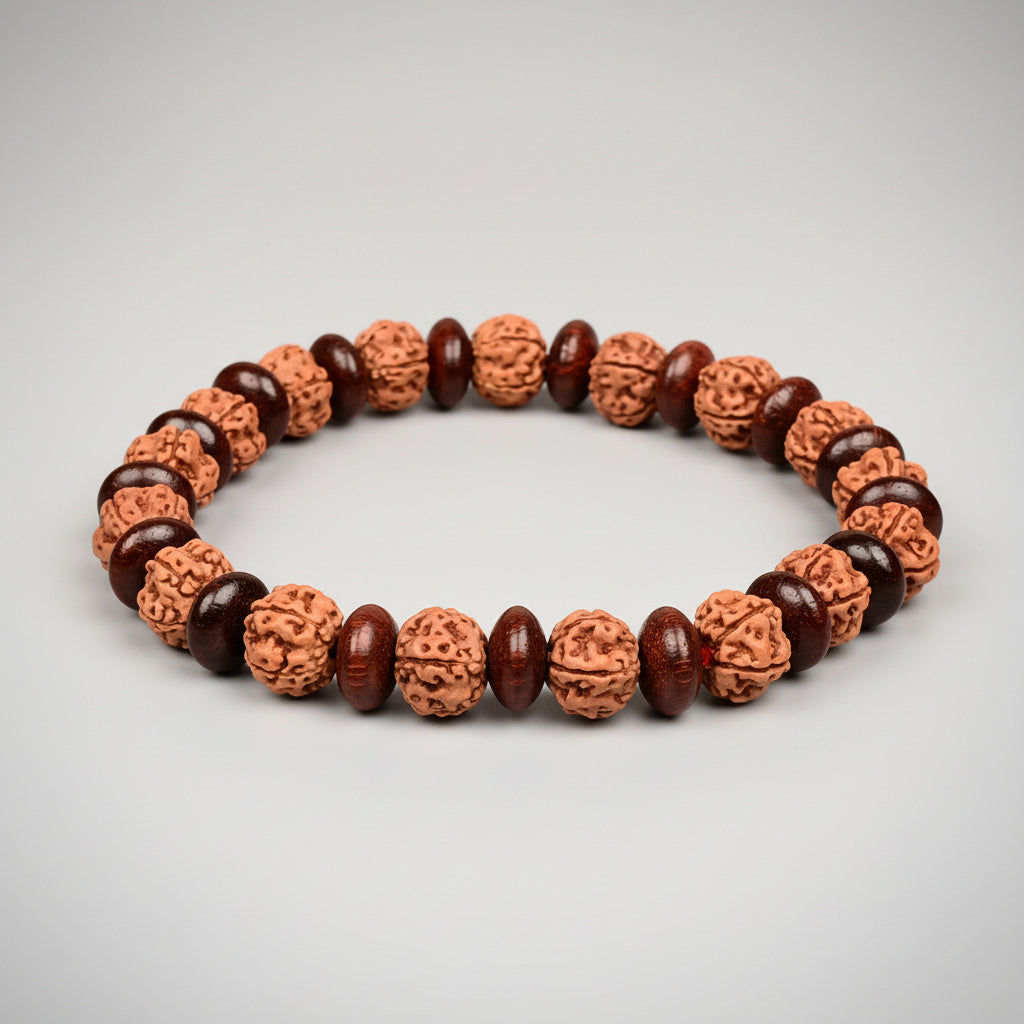 Premium 5 Mukhi Rudraksha x Elliptical Red Sandalwood Bracelet-8 mm