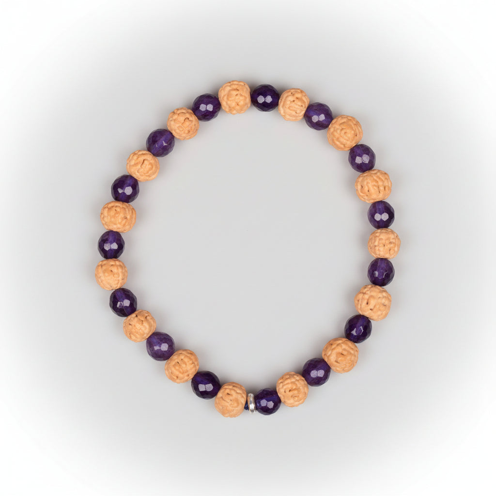 Premium 5 Mukhi Rudraksha x Faceted Amethyst Bracelet-10 mm