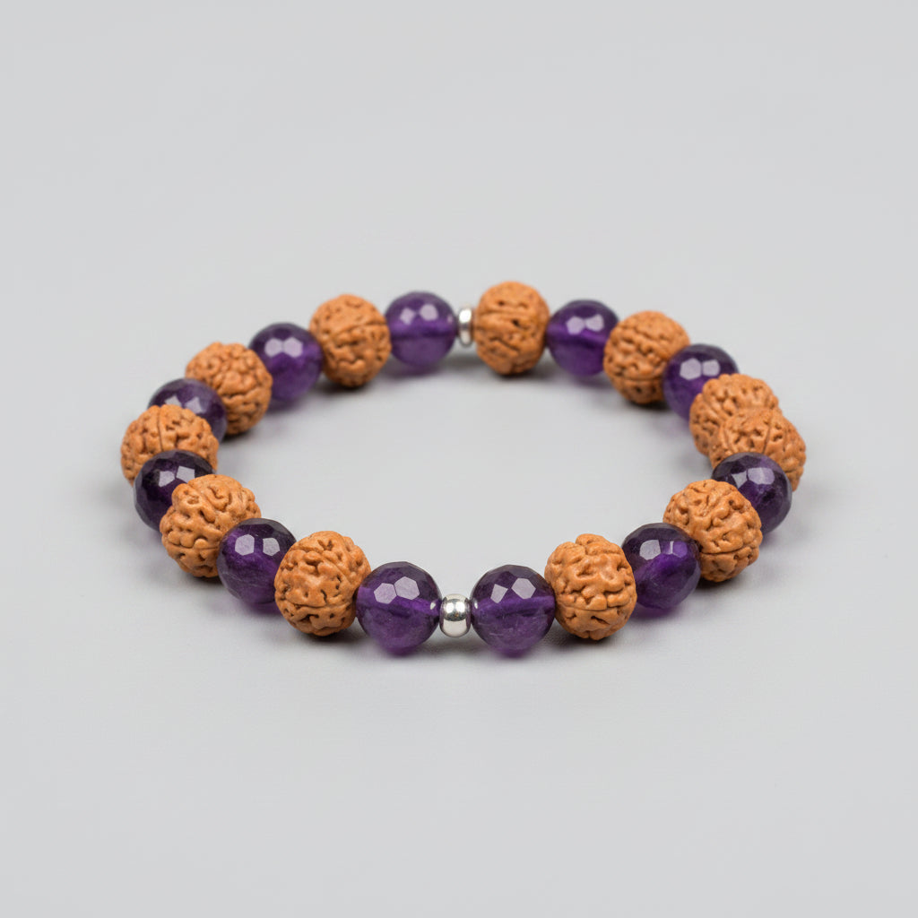 Premium 5 Mukhi Rudraksha x Faceted Amethyst Bracelet-10 mm