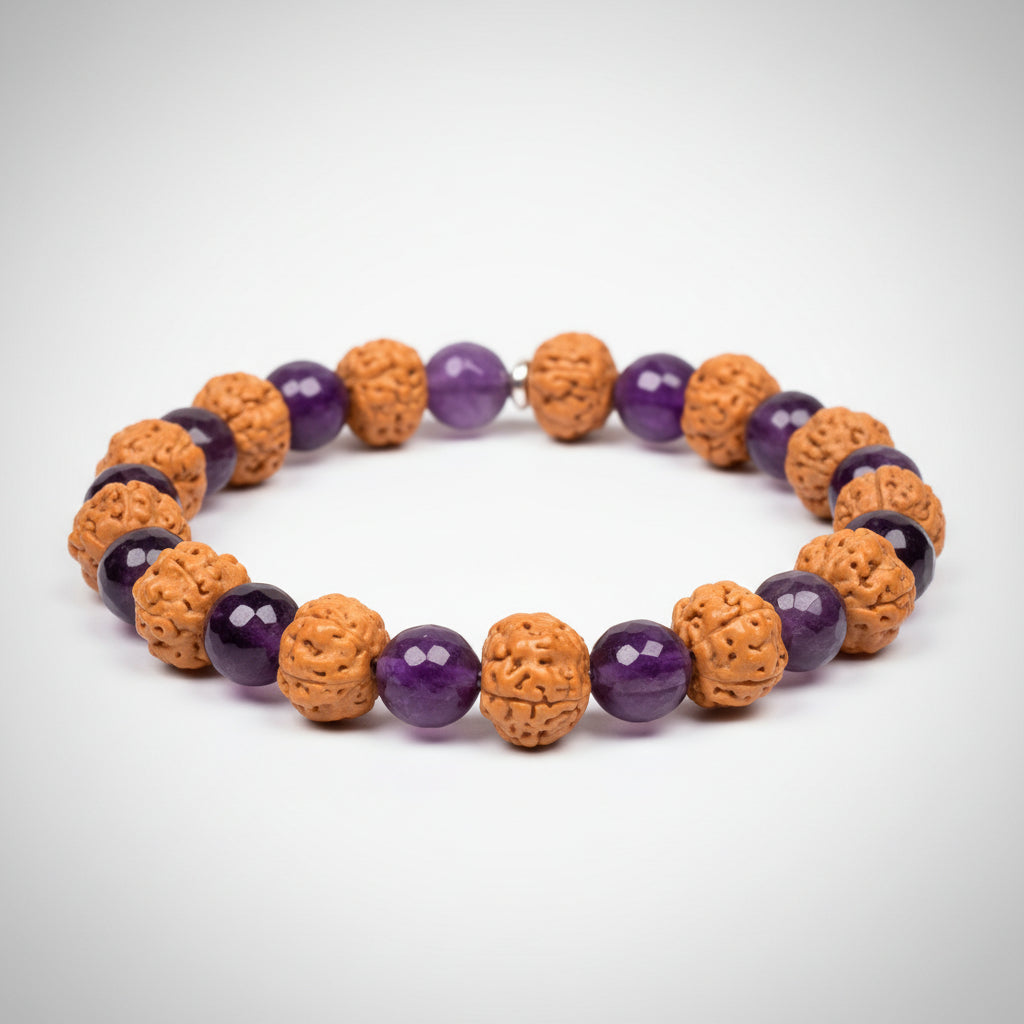 Premium 5 Mukhi Rudraksha x Faceted Amethyst Bracelet-12 mm