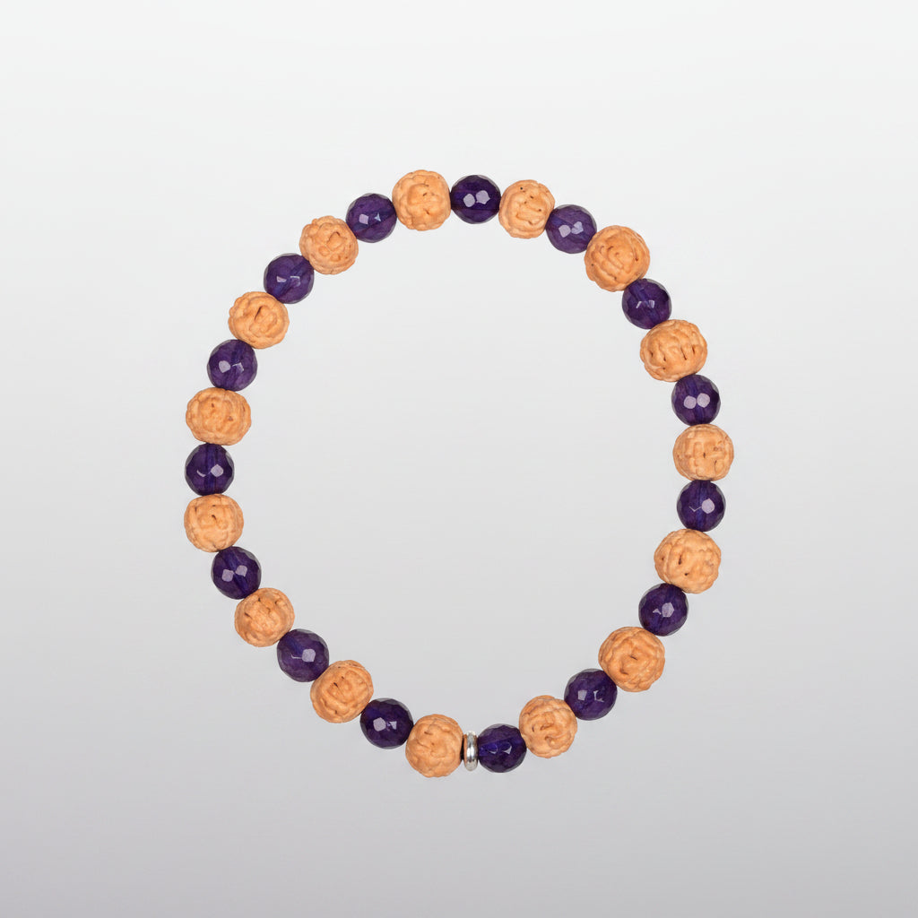 Premium 5 Mukhi Rudraksha x Faceted Amethyst Bracelet-14 mm