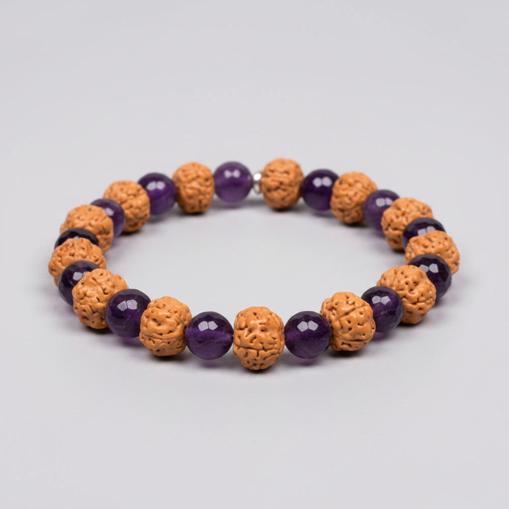 Premium 5 Mukhi Rudraksha x Faceted Amethyst Bracelet-14 mm