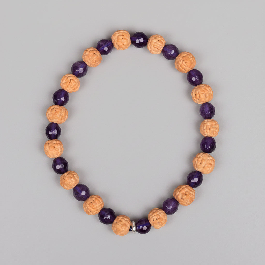 Premium 5 Mukhi Rudraksha x Faceted Amethyst Bracelet-8 mm