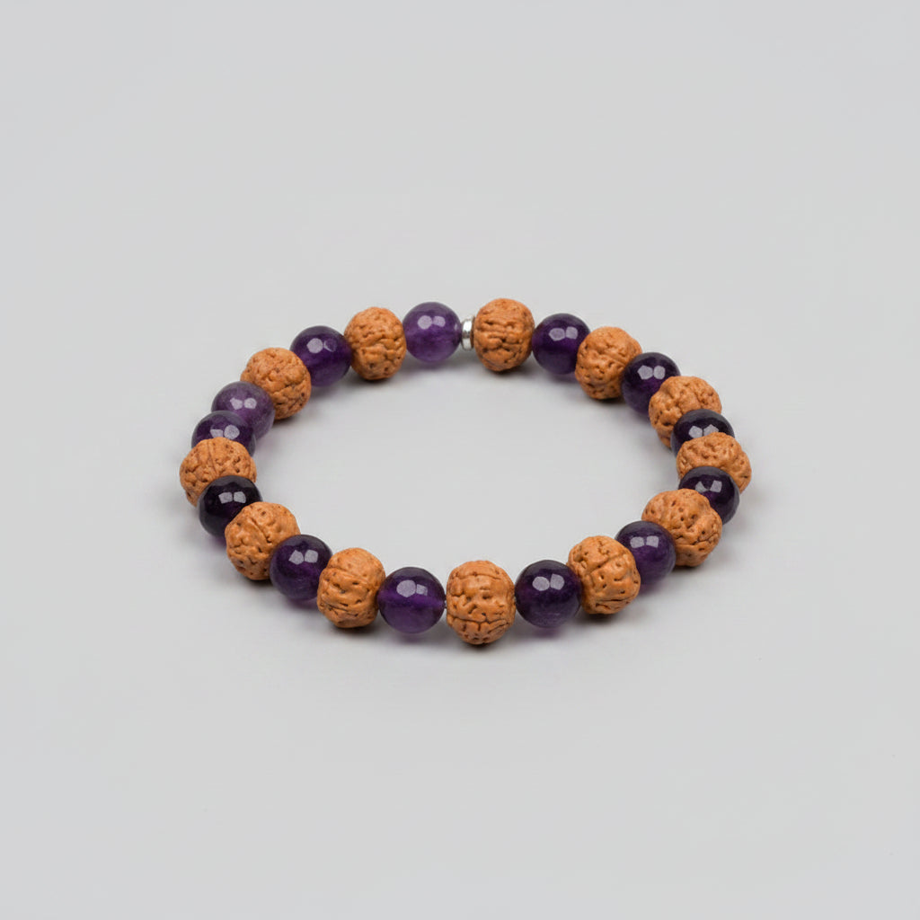 Premium 5 Mukhi Rudraksha x Faceted Amethyst Bracelet-8 mm